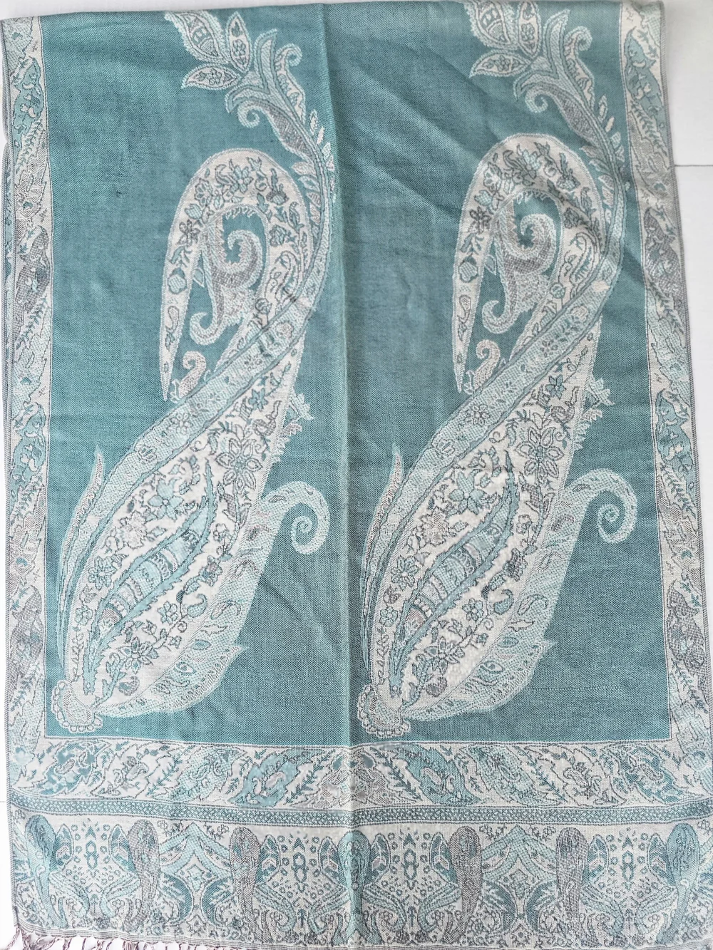 Teal Ivory Paisley Woven Fringe Rectangle Scarf Wrap Women Polyester Acrylic